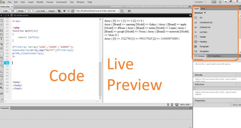 dreamweaver live code preview