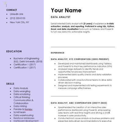 data analyst ats friendly resume template